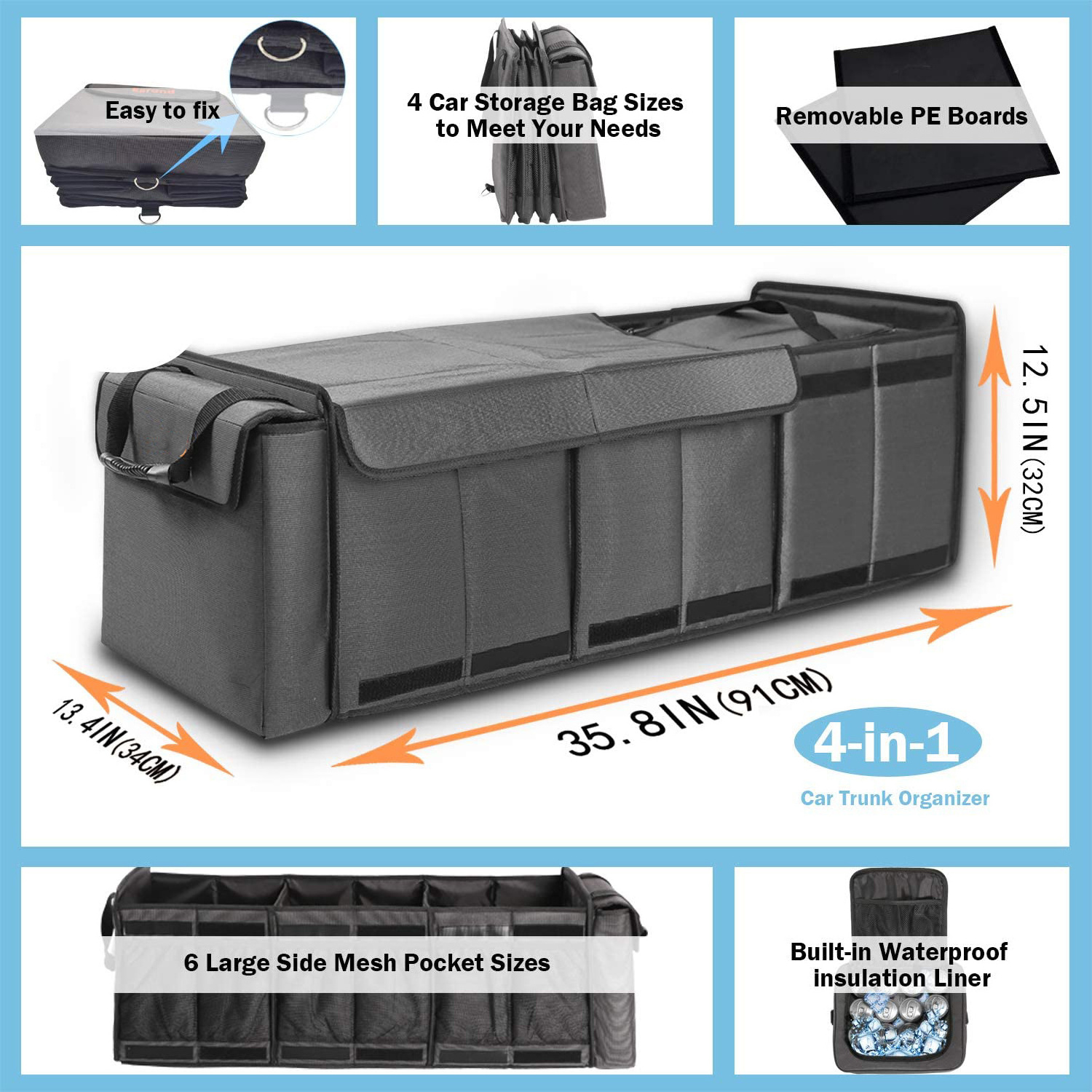 Portable Collapsible Waterproof Car Boot Box Storage Bag Trunk Organizer With Cooler With Lid