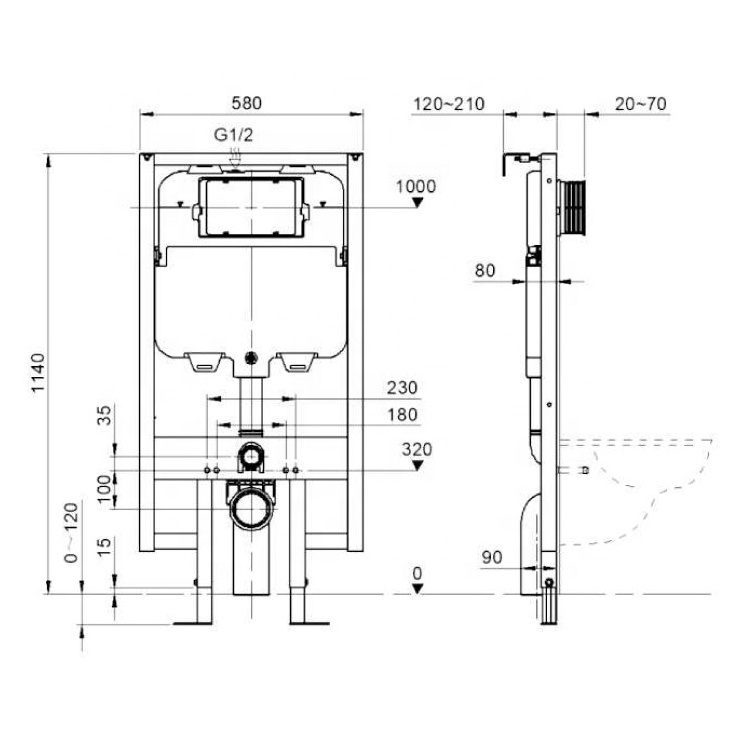 Bathroom Concealed Flush Tank Cistern FS1001-G 80mm with Metal Frame for Wall Hung Toilet with Plastic Connector Pipe