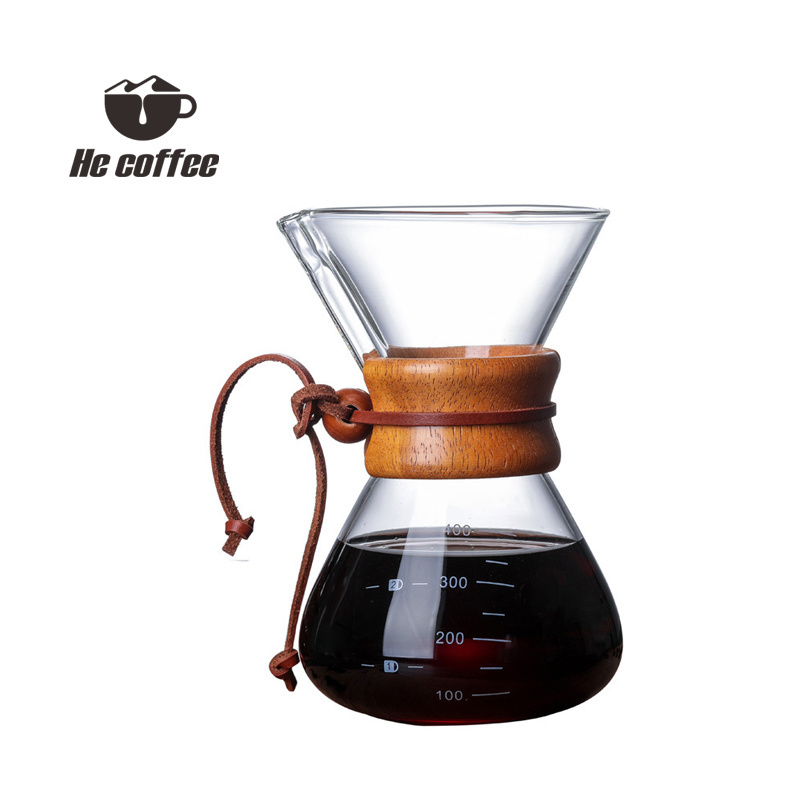 Wholesale 400ML  Heat Glass Coffee Maker Pour Over Stovetop Safe Tea Kettle Blooming  Coffee Pot With wood holder