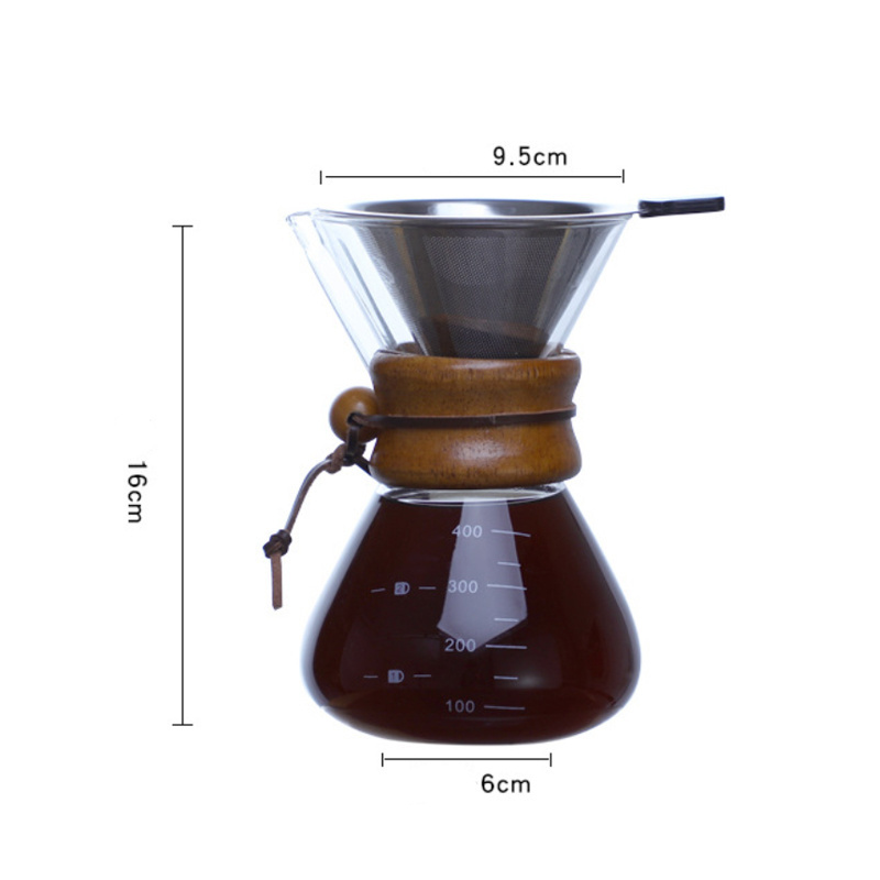 Wholesale 400ML  Heat Glass Coffee Maker Pour Over Stovetop Safe Tea Kettle Blooming  Coffee Pot With wood holder