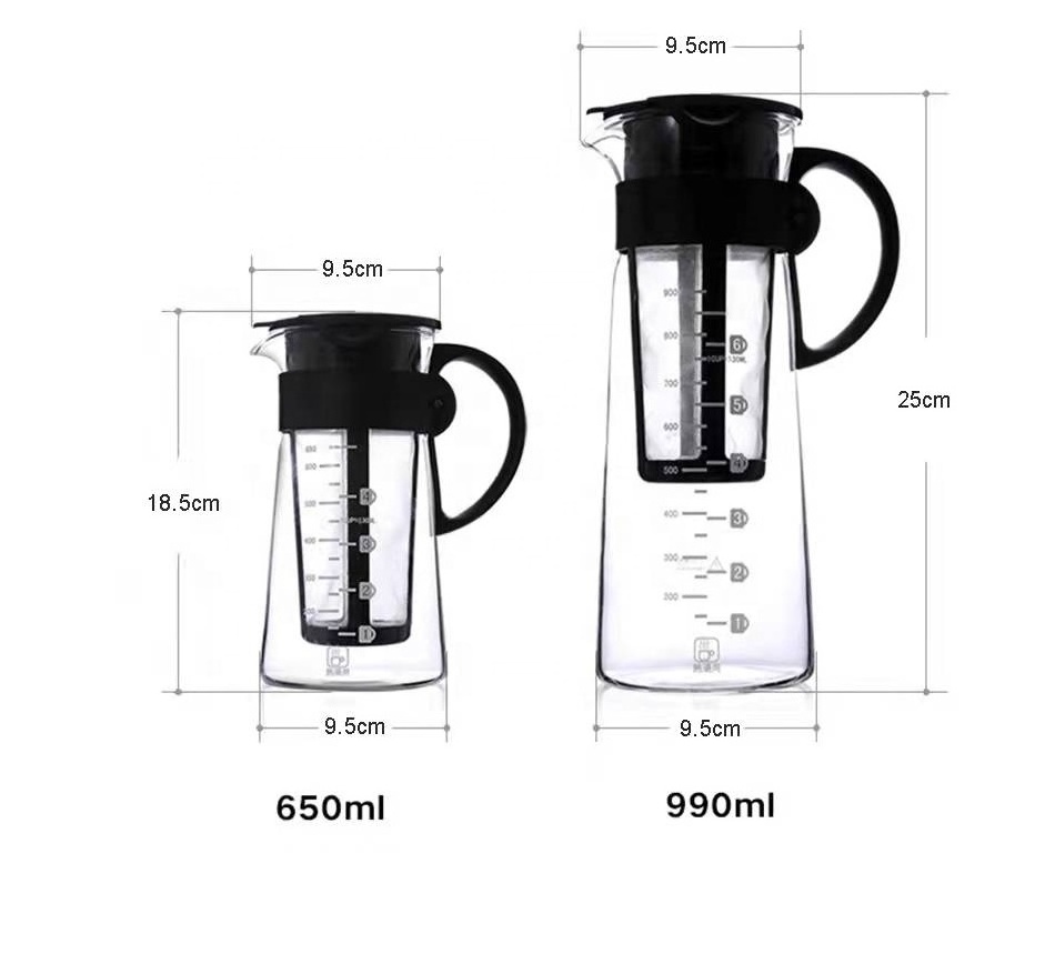 Popular Airtight Cold Brew Iced Coffee Maker 650ml 900ml Borosilicate Glass Tea Coffee Kettle Pot With Measurement Line