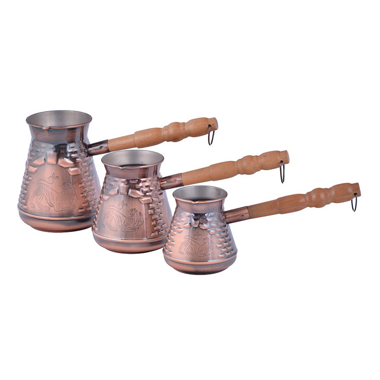 Traditional Style Set of Turkish Arabic Coffee Cups Hammered Coffee Warmer with Wooden Handle (8 Oz Pot)