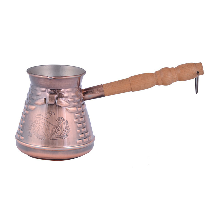 Traditional Style Set of Turkish Arabic Coffee Cups Hammered Coffee Warmer with Wooden Handle (8 Oz Pot)