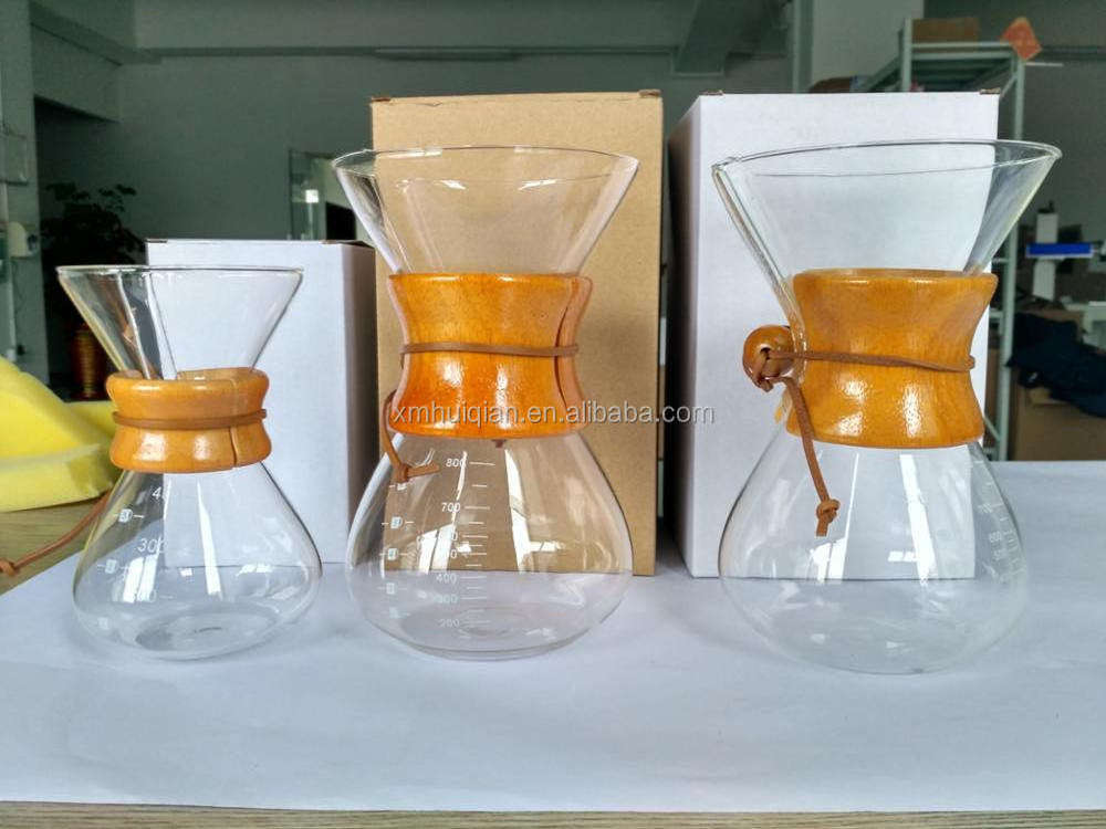 HQ Elegant 600ml Espresso Pour Over Coffee Maker High Borosilicate Glass Transparent Server Coffee Pot with Wood Collar