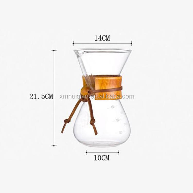 HQ Elegant 600ml Espresso Pour Over Coffee Maker High Borosilicate Glass Transparent Server Coffee Pot with Wood Collar