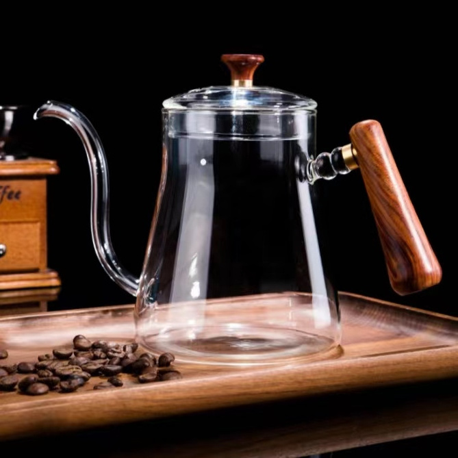 Best Quality hot selling Coffee Pot with wooden handle Home Daily Use glass 600ml Tea Pot Set Tea Coffee Maker Kettle