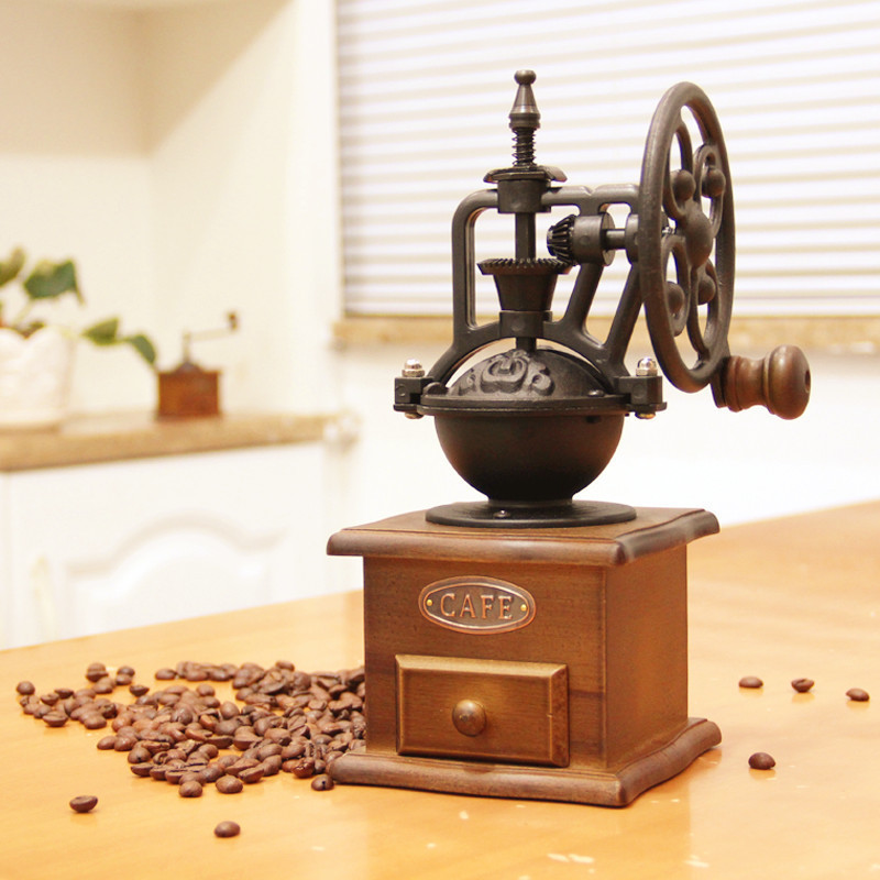 Manual Coffee Grinder Wooden Coffee Bean Mill Vintage Antique Style Windmill Wheel Hand Crank Wooden Drawer