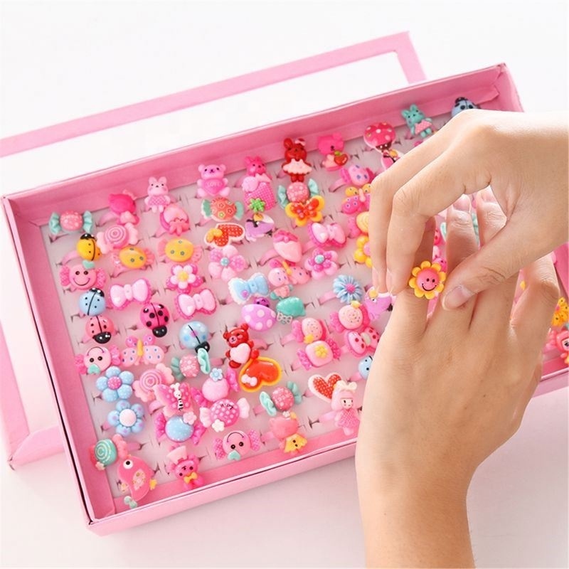 Children's Cartoon Rings Candy Flower Animal Bow Shape Ring Set Mix Finger Jewellery Rings Kid Girls Toys