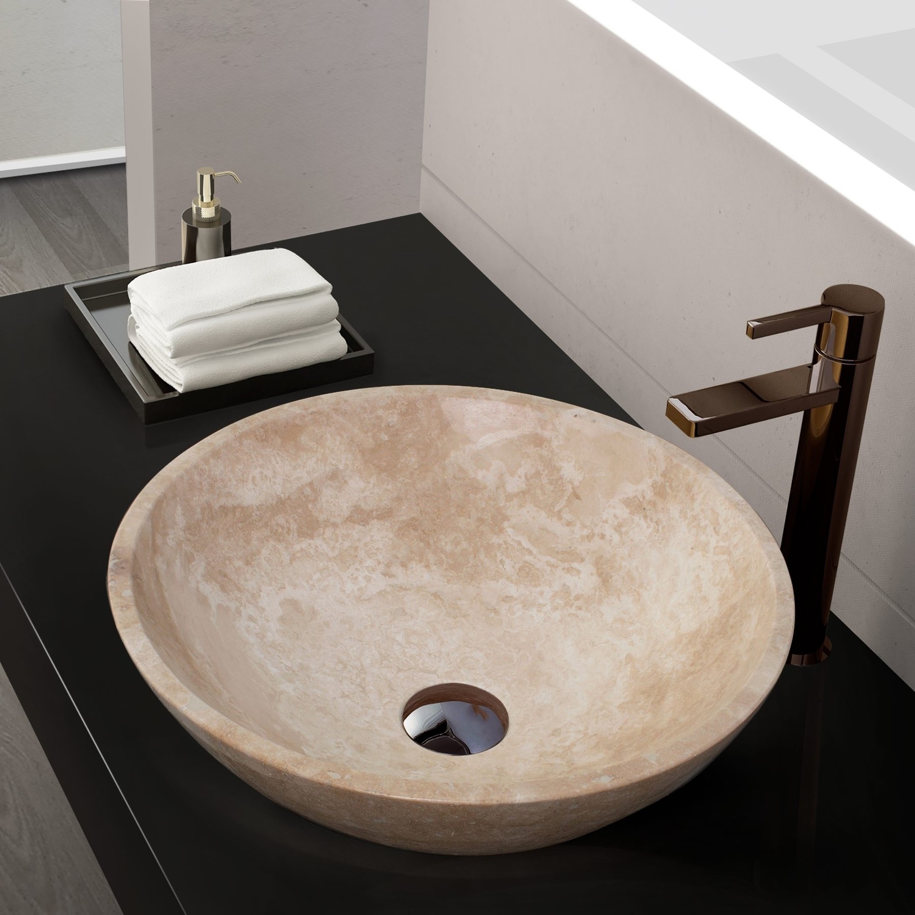 HZX Countertop washbasin Round bathroom beige vessel sink bowl sink for sale marble vanity top