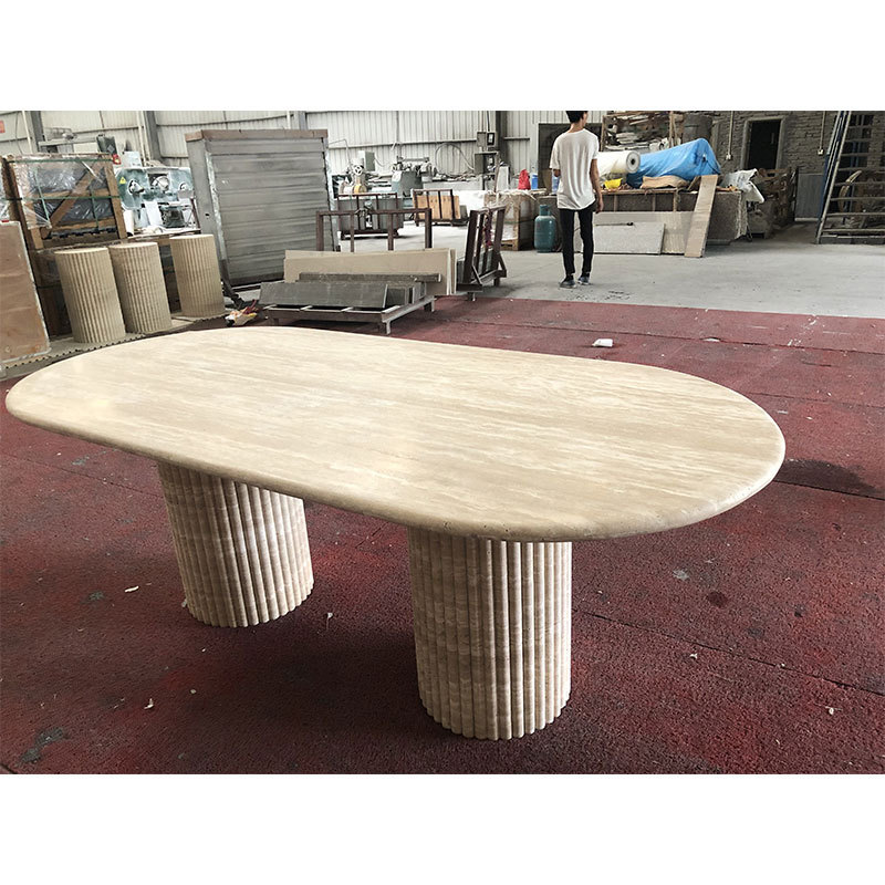 HZX Luxury Oval Shape Natural Marble table tops Dining Room Stone Furniture Marble Dining Table Travertine