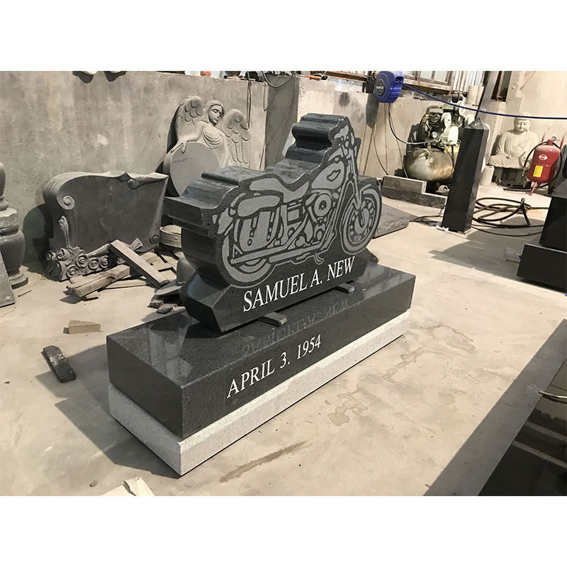 HZX Polished China Black Granite Carved Helmet Motorcycle Design Headstone Tombstone