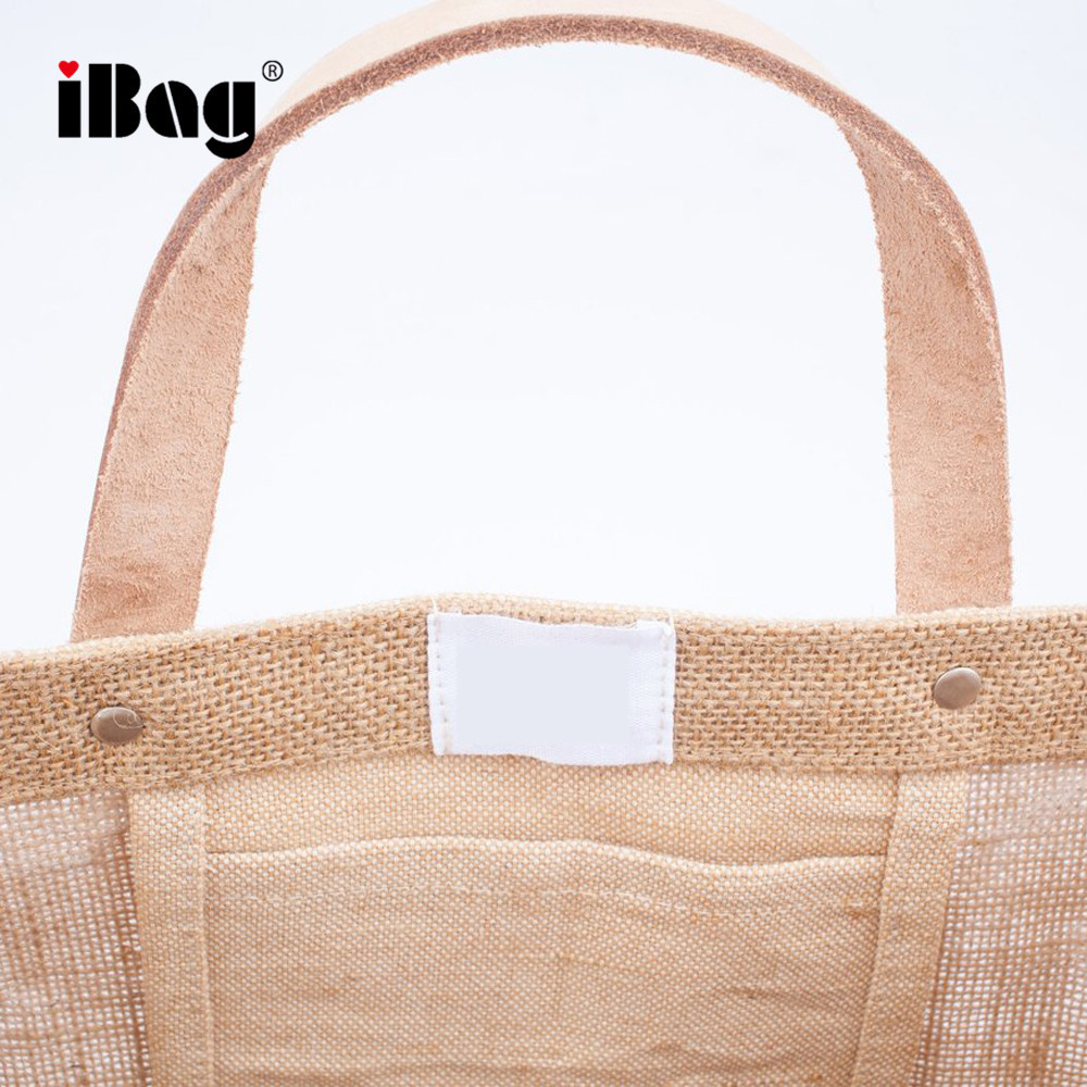 Large Natural Color Eco Friendly Jute Burlap Hemp  Beach Shopping Tote Bag With PU Strap