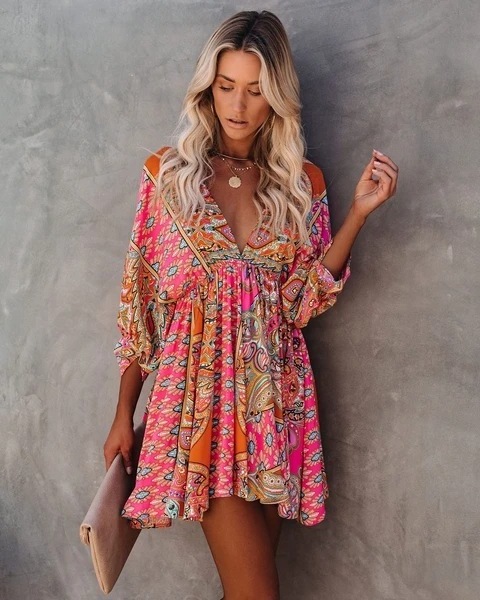 Korean Fashion Summer Casual Lady Dress Loose Printed Red Bohemian Floral mini boho A-Line Dresses