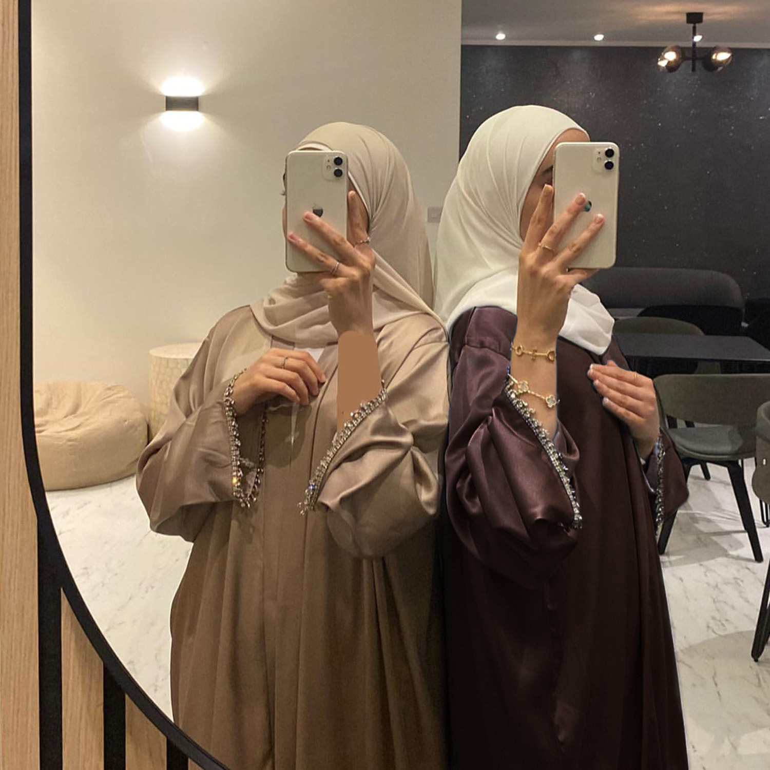 2023 Modern Dubai Abaya High Quality Satin Fabric Solid Color Muslim Dress Women Modest Beaded Dresses Abaya