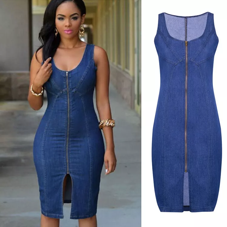 2022 Hot Sale New Style Sleeveless Zipper Dresses Hip Tight Waistcoat Casual Denim Dress For Women