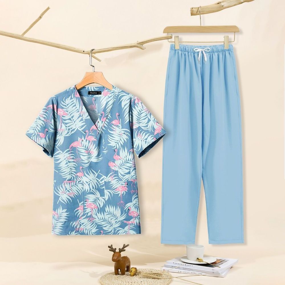 In stock T62030 women's beach suits top skirt sleeves customised printed medical scrubs tops and bottoms nurse uniform smocks