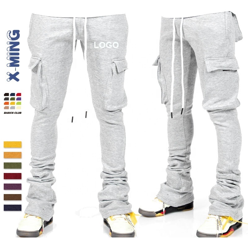 Custom logo man stacked sweatpants slim fitting streetwear men's cargo pockets oversized jogger stack trousers cheap track pants