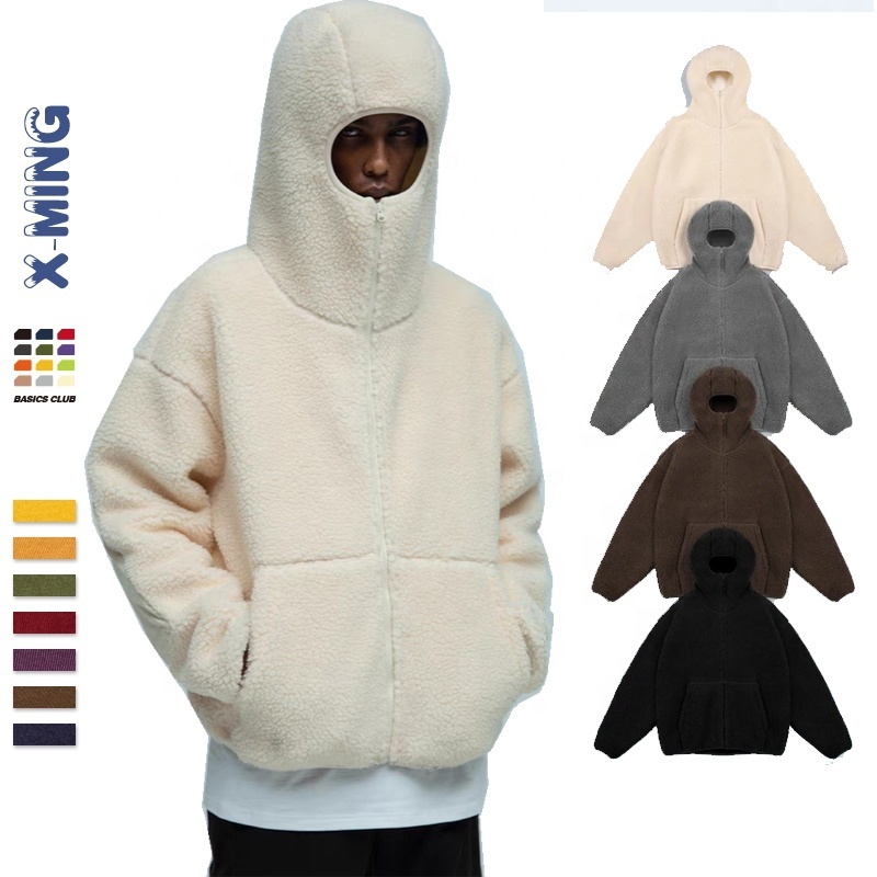 wholesale heavyweight fleece zip up hoodies custom logo face cover sherpa fleece hooded jacket thick high collar ninja hoodie BestSuppliers