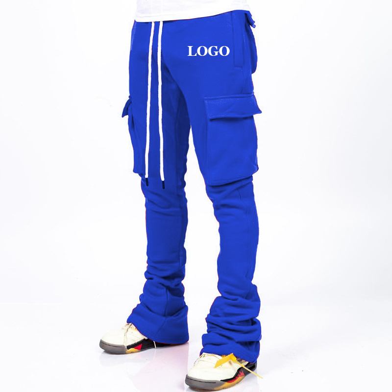 Custom logo man stacked sweatpants slim fitting streetwear men's cargo pockets oversized jogger stack trousers cheap track pants