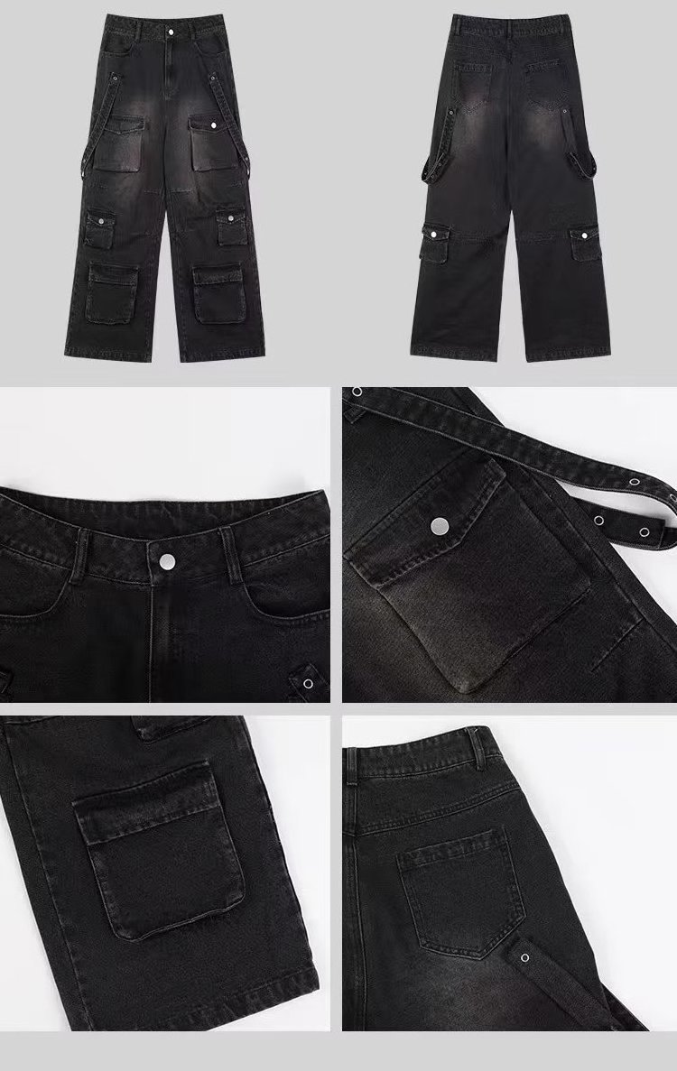 Ready to ship unisex loose fit cargo jeans stock cheap price vintage wide-leg denim pants with multiple pocket low moq jeans man