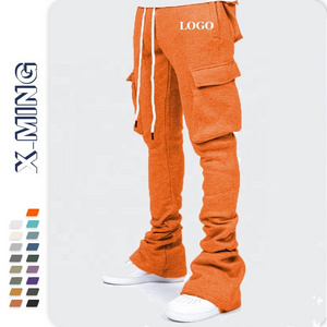 Custom logo man stacked sweatpants slim fitting streetwear men's cargo pockets oversized jogger stack trousers cheap track pants