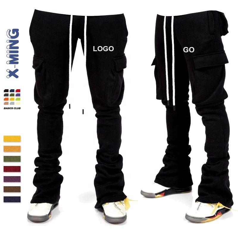 Custom logo man stacked sweatpants slim fitting streetwear men's cargo pockets oversized jogger stack trousers cheap track pants