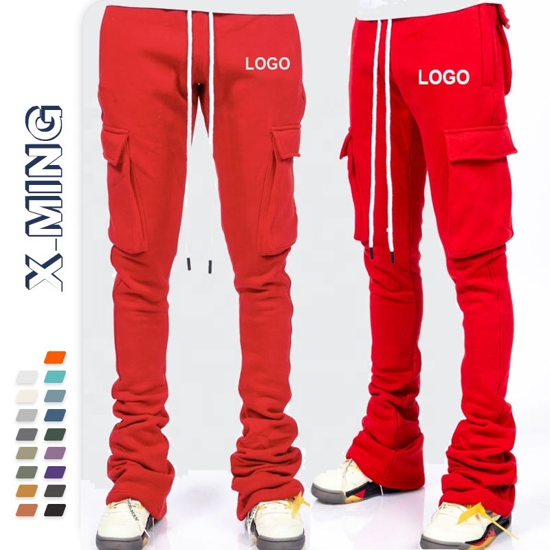 Custom logo man stacked sweatpants slim fitting streetwear men's cargo pockets oversized jogger stack trousers cheap track pants