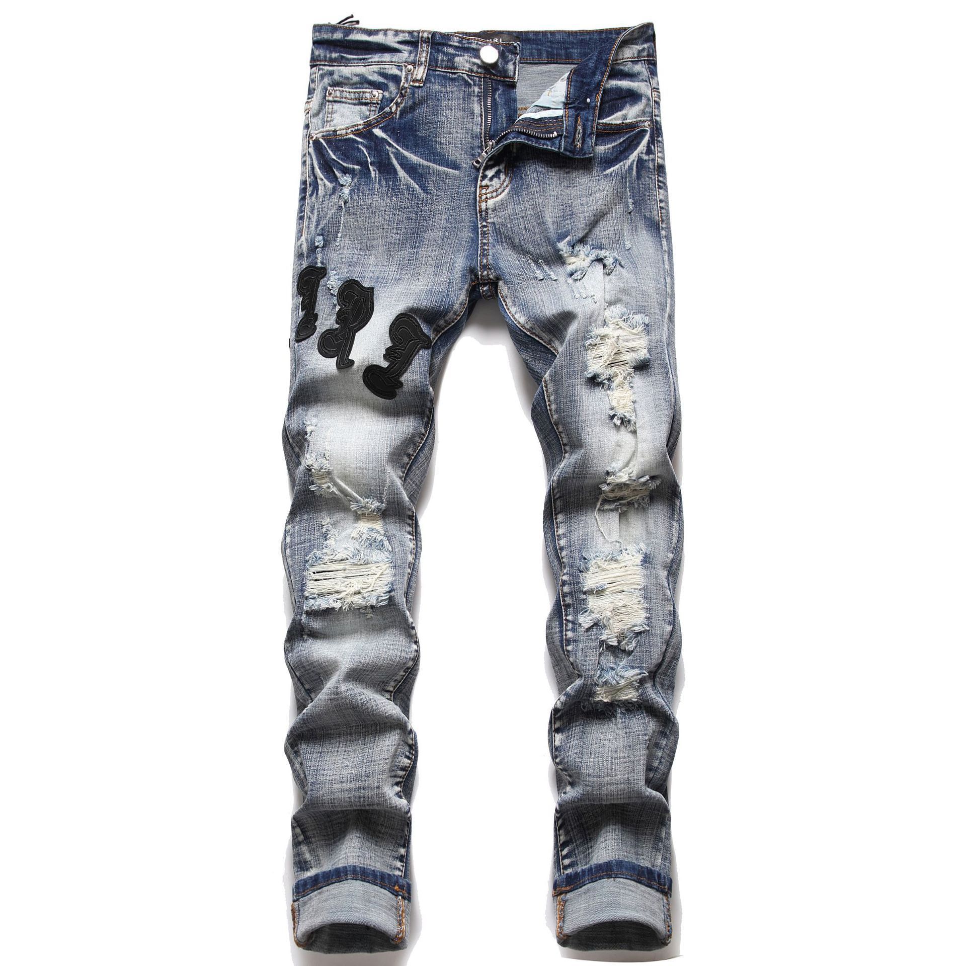 OEM Custom High Street Embroidery Ripped Denim Jeans Vintage Stacked Jeans Men Dark Washing Distressed Amiry Men's Jeans