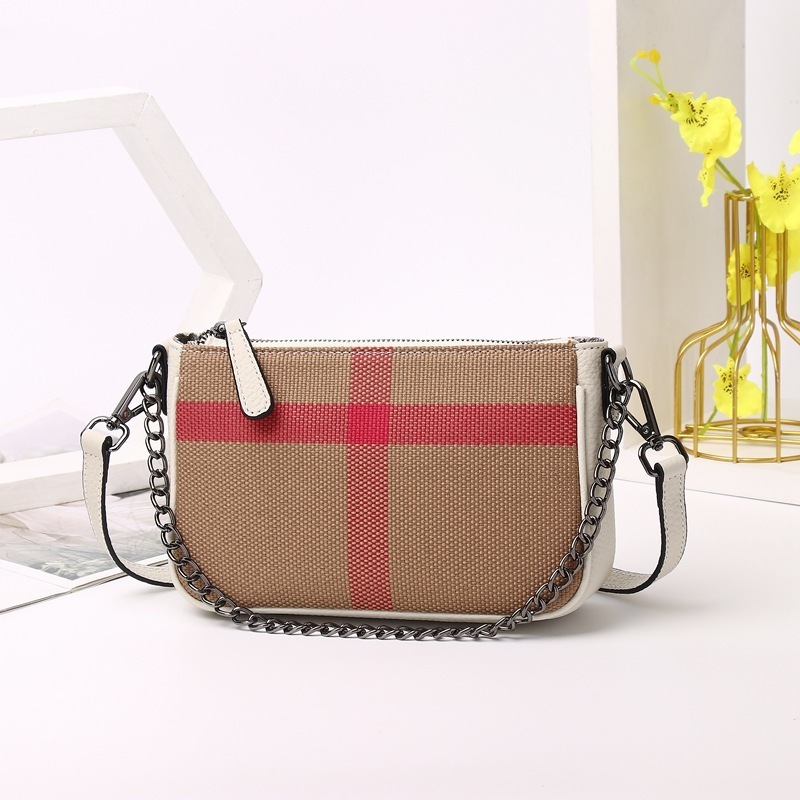 Wholesale casual fashion canvas with cowhide plaid pattern chain sling underarm shoulder bag crossbody bag Women's handbags