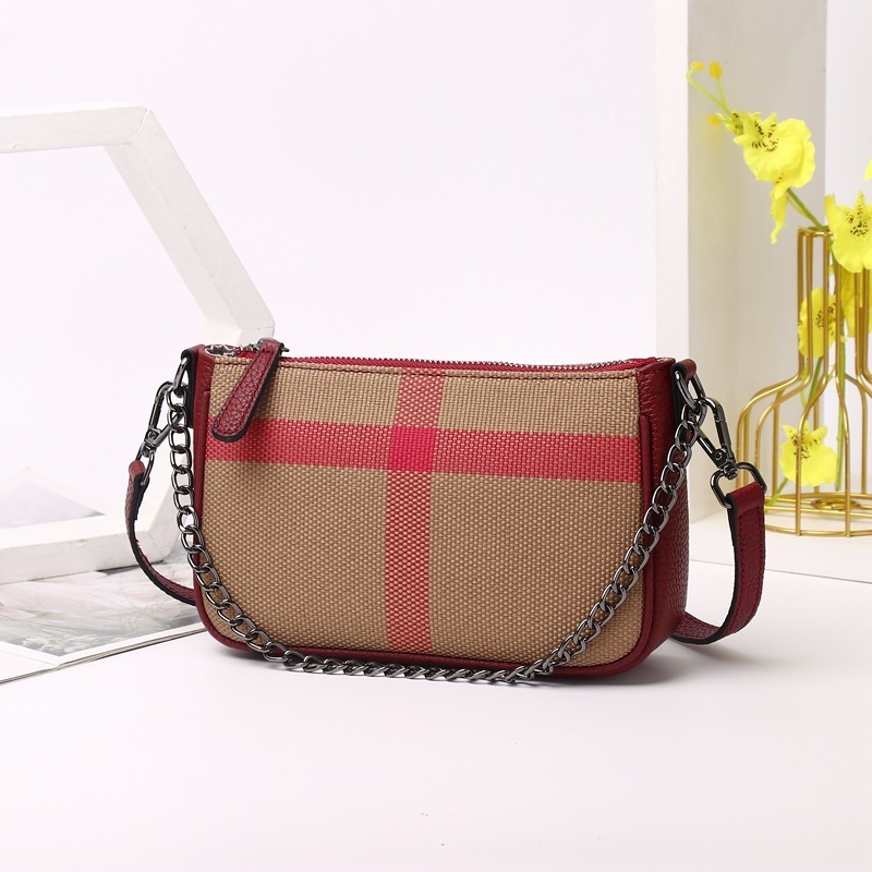 Wholesale casual fashion canvas with cowhide plaid pattern chain sling underarm shoulder bag crossbody bag Women's handbags