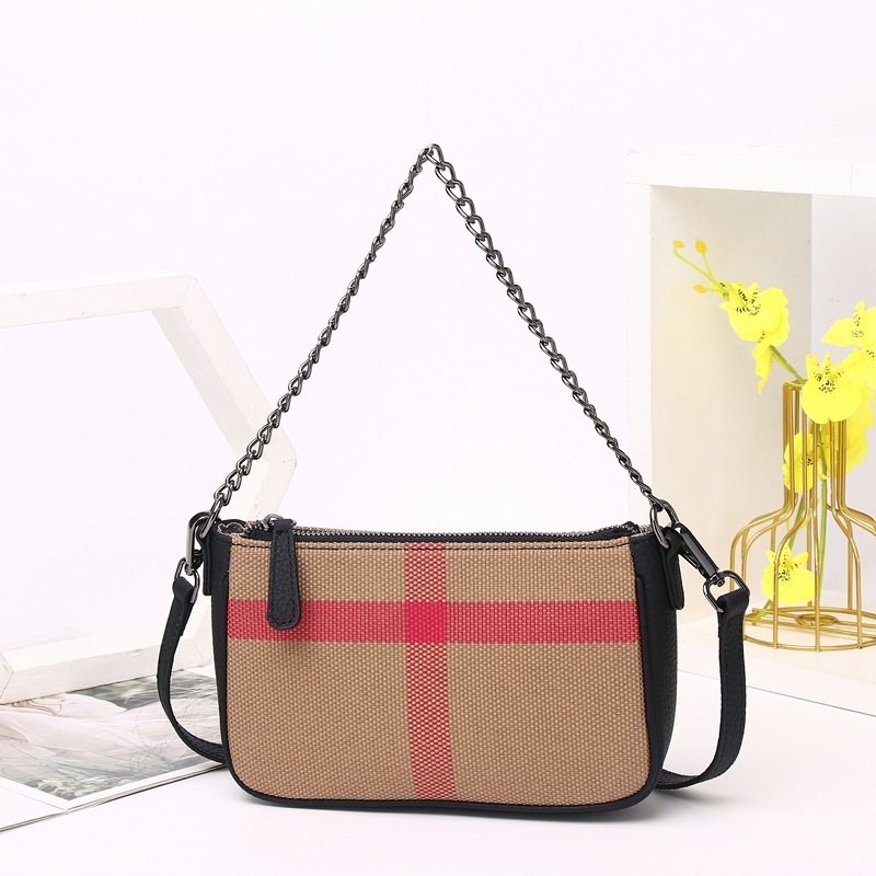 Wholesale casual fashion canvas with cowhide plaid pattern chain sling underarm shoulder bag crossbody bag Women's handbags