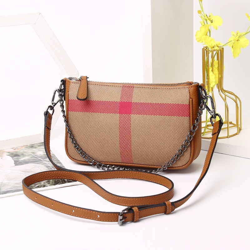 Wholesale casual fashion canvas with cowhide plaid pattern chain sling underarm shoulder bag crossbody bag Women's handbags