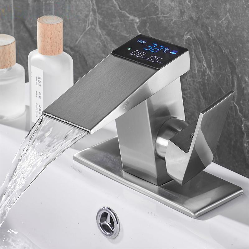 waterfall sink led light shower black faucet bathroom