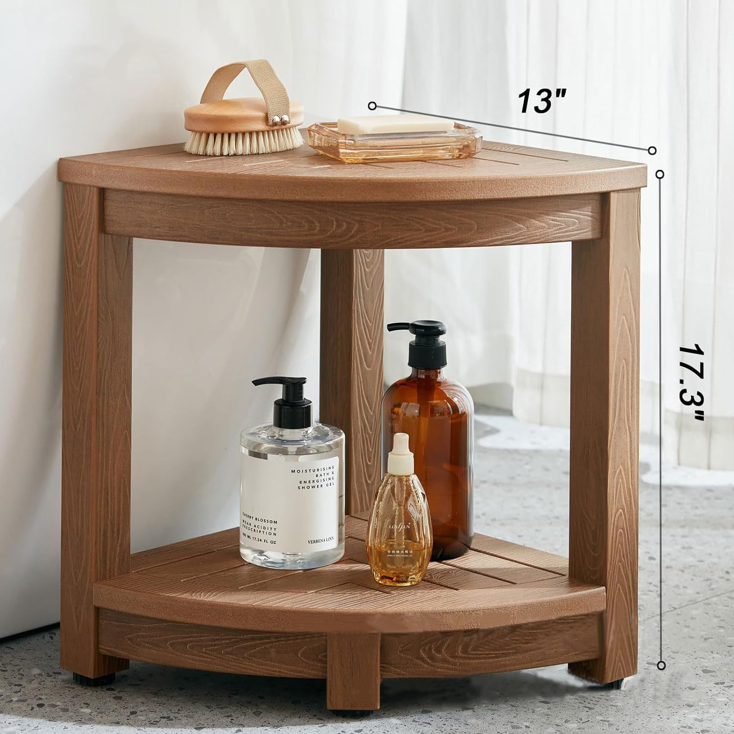 JICHEN Bamboo Shower Bench Corner Stool with Non-Slip Feet Storage Shelf Waterproof For Bathroom