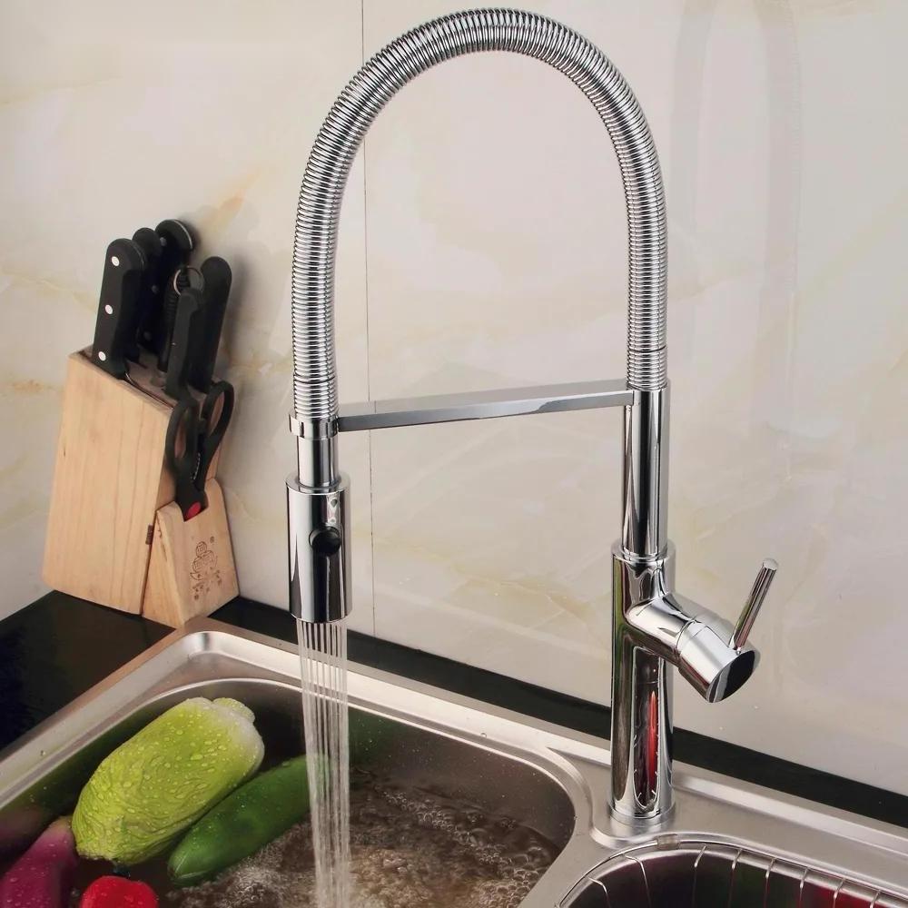 Way Pull Down Brushed Nickel Brass Single Lever Spring Kitchen Sink Faucet