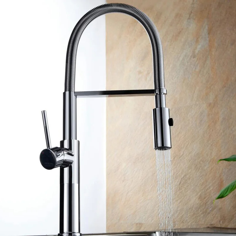 Way Pull Down Brushed Nickel Brass Single Lever Spring Kitchen Sink Faucet