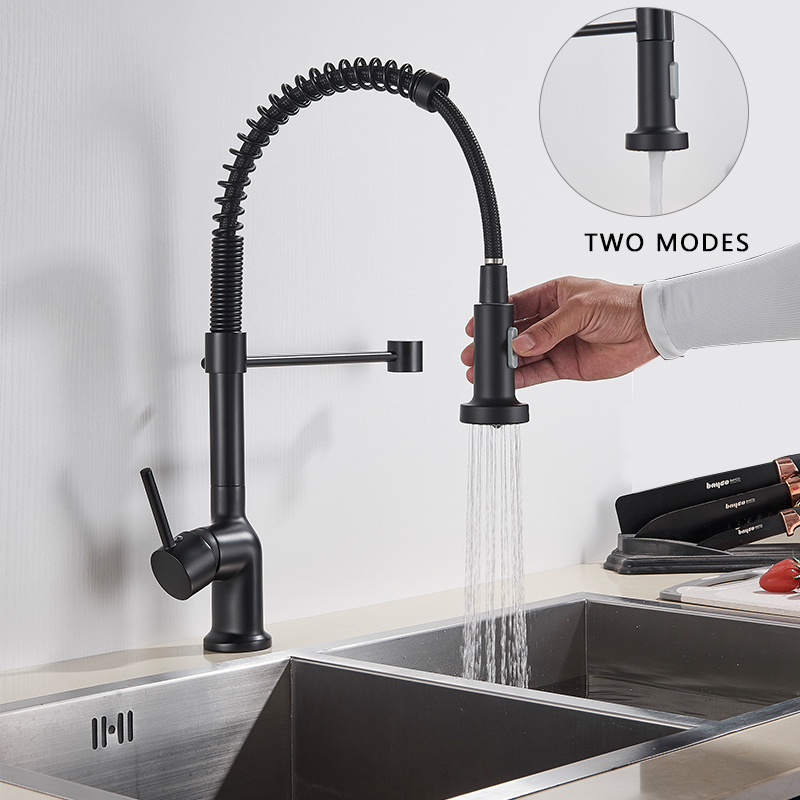 Pull Down Kitchen Sink Faucet Head with Sprayer Spring Graphic Design Modern Contemporary Ceramic Water Tap Black Kitchen Jichen