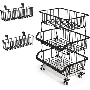 FREE SAMPLE Fruit Basket with Rolling Wheels Utility Rack for Kitchen Pantry 3 Tier Stackable Metal Wire Basket Shelf