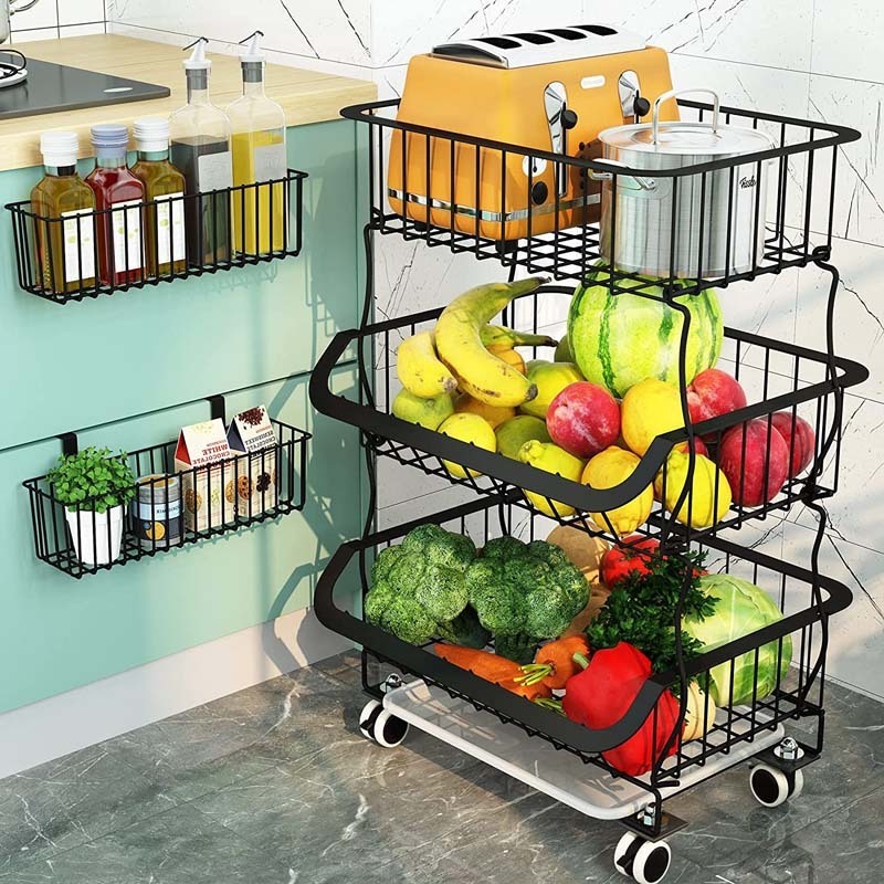 FREE SAMPLE Fruit Basket with Rolling Wheels Utility Rack for Kitchen Pantry 3 Tier Stackable Metal Wire Basket Shelf