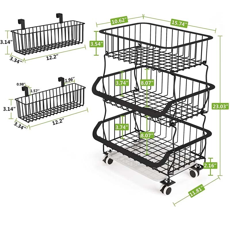 FREE SAMPLE Fruit Basket with Rolling Wheels Utility Rack for Kitchen Pantry 3 Tier Stackable Metal Wire Basket Shelf