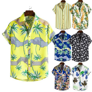 Wholesale Custom Pattern Logo Printed Design 100% Polyester Summer Beach Wear Button Down Aloha Hawaiian Shirts For Mens