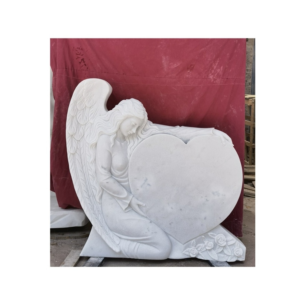 White Baby Angel With Bible Book Cross Marble Headstone Engraving Heart Tombstone Design Headstone Monument