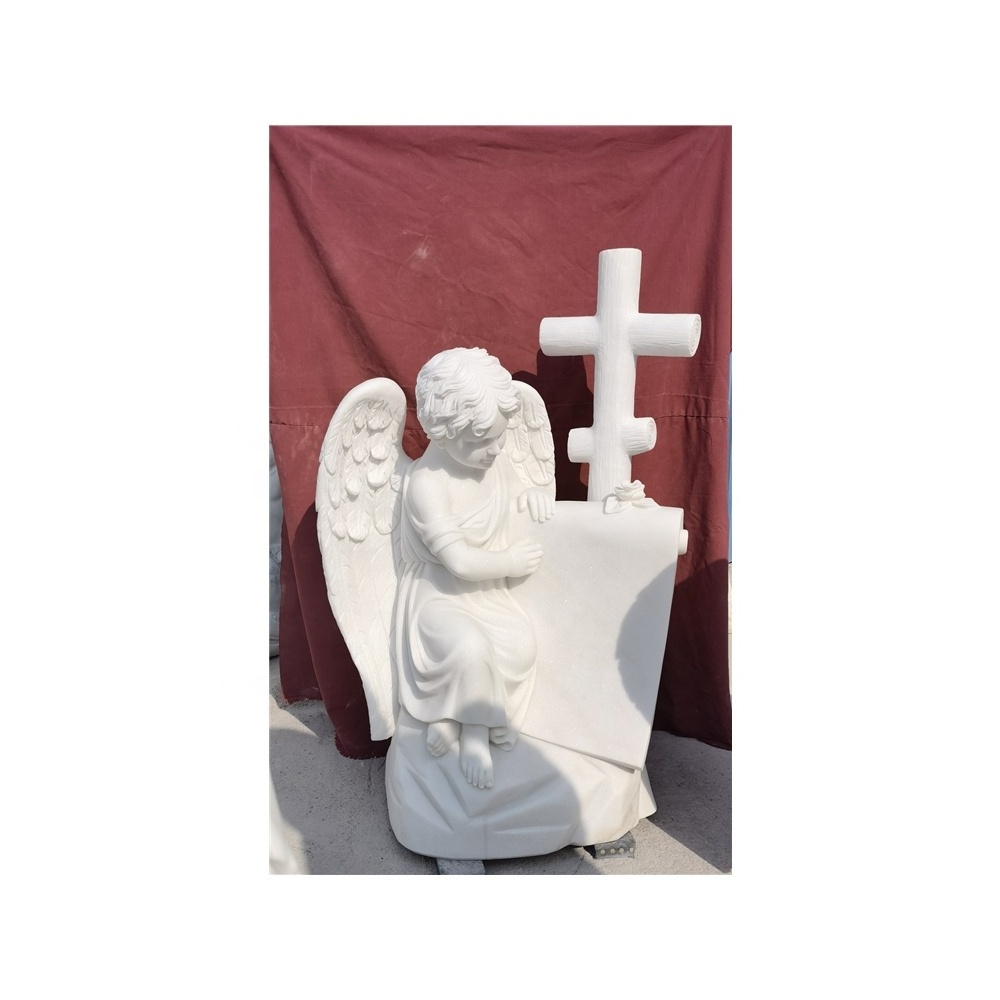 White Baby Angel With Bible Book Cross Marble Headstone Engraving Heart Tombstone Design Headstone Monument