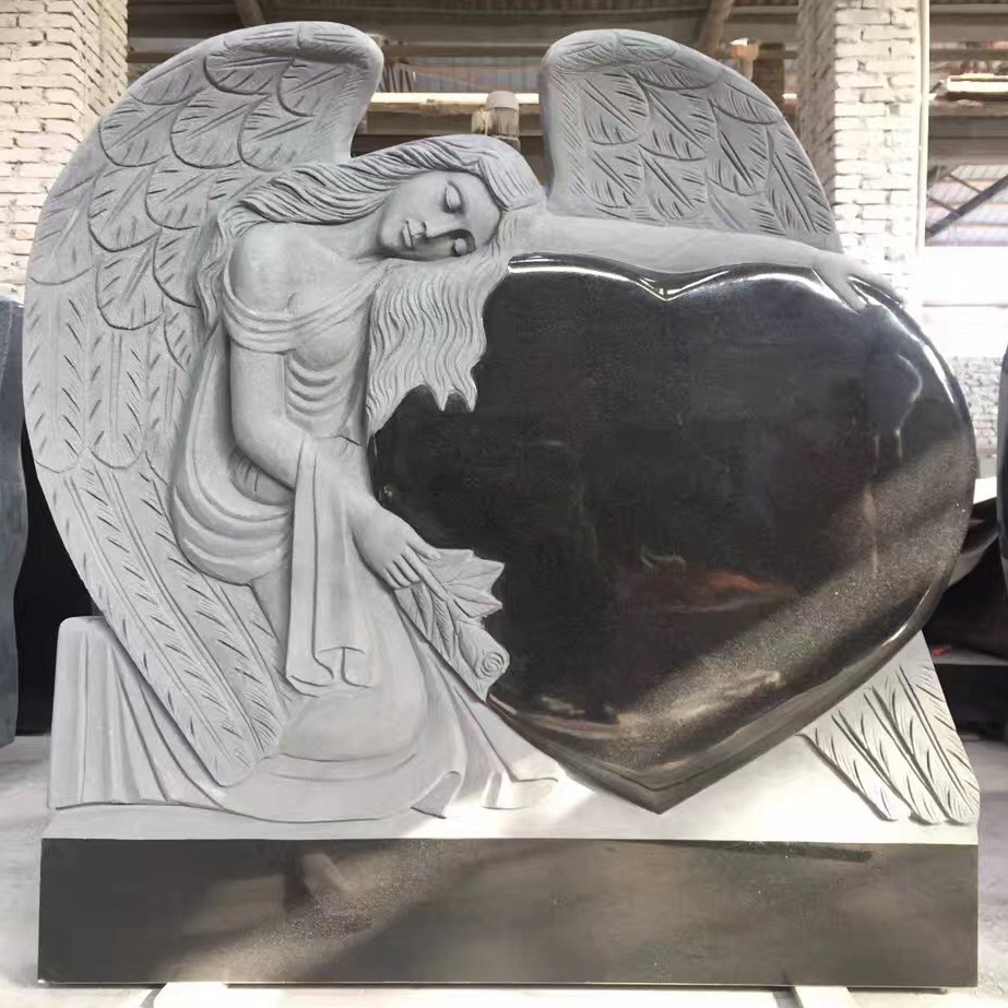 Chinese Shanxi Black Heart Granite Angel Blank Headstone Design for Grave