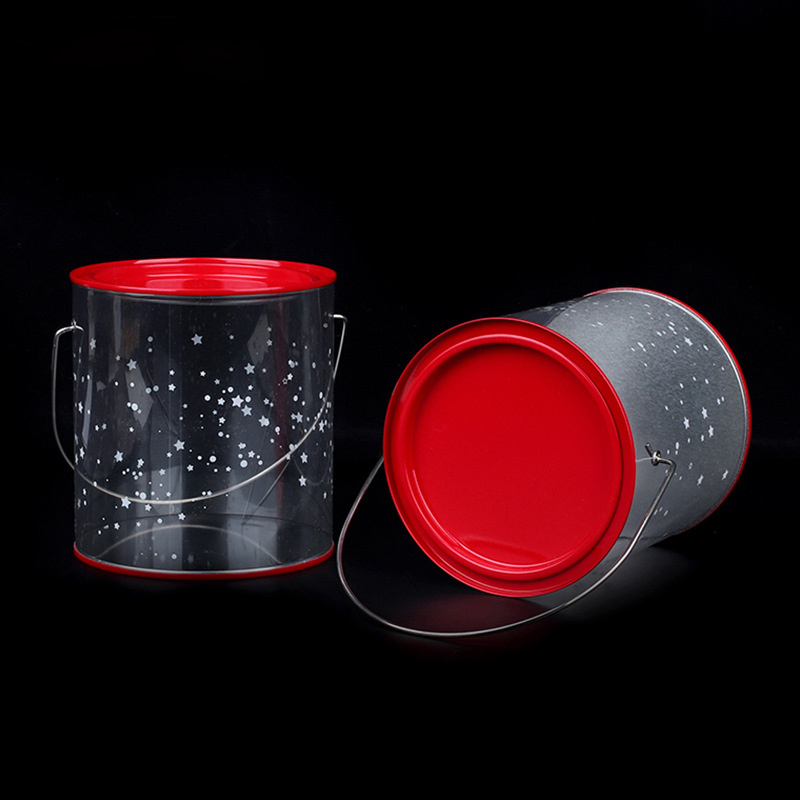 Food Grade Print Box Plastic Clear PET Round Plastic Candy Cylinder Containers With Tinplate Lids for Christmas Cookie Jar