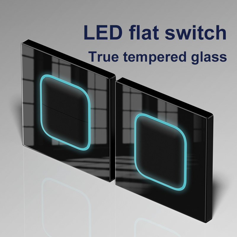 Tempered Glass Panel Acrylic Button Black Light Switch 1 2 3 4 Gang/1 2 Way LED Indicator Lights 86mm*86mm  EU/UK/UN Socket