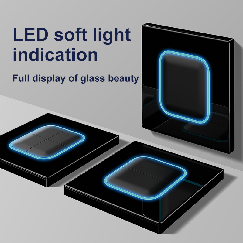 Tempered Glass Panel Acrylic Button Black Light Switch 1 2 3 4 Gang/1 2 Way LED Indicator Lights 86mm*86mm  EU/UK/UN Socket