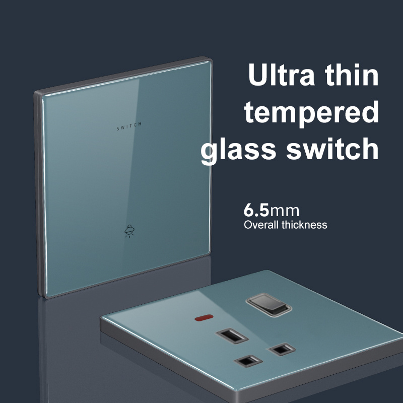 250V Ultra Thin Tempered Glass 1/2/3/4 Gang 1/2 Way PC Panel Green Flat Panel Concealed Embedded Wall Switch And Socket Set