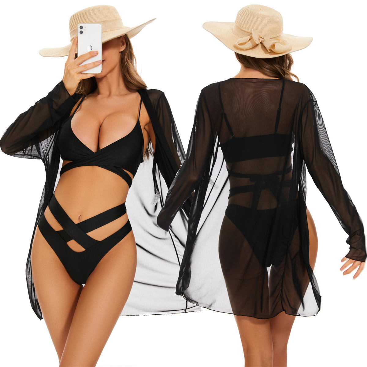 Ladies Hot 3pcs See-through Beach Swimwear Swimsuit Bikini with Cover Up Sun Smock Swim Bathing Suit Beach Wear