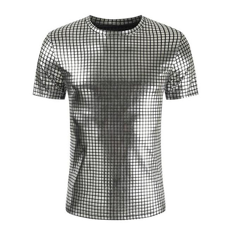 Night Club Wear Mens T-Shirts Shiny Metallic Tshirt Mens Shorts Sleeve T Shirt For Disco Party Casual Round Neck Stage Show Tops